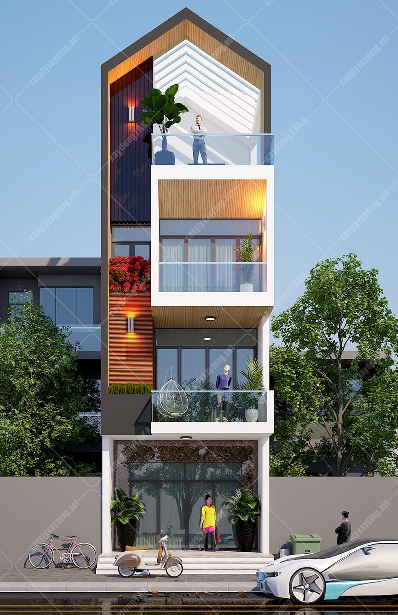 Thiết kế nhà phố 3 tầng 1 tum 5x15 mái nhọn hiện đại